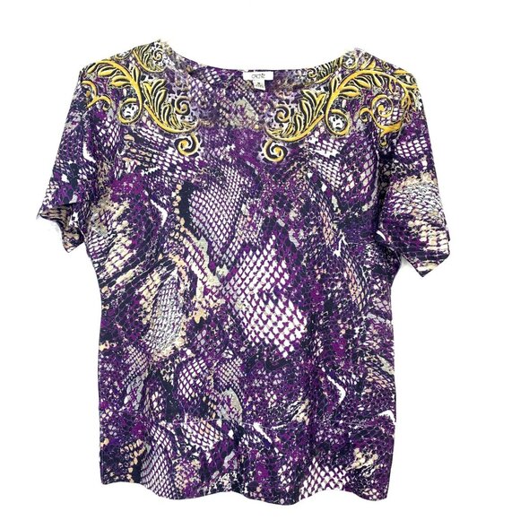 Cache Womens M Knit Blouse Purple Gold White Ornate Snake Print Short Sleeve Top - Picture 1 of 10